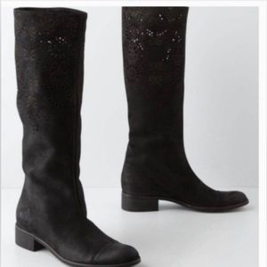 Laurel Anthro Italy Made Openwork Laser Cut Leather Black Tall Boots 36 US 6